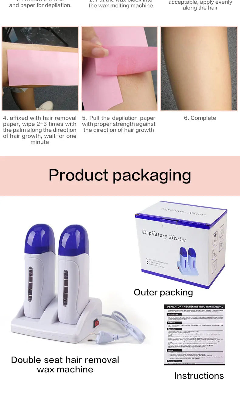 Electric Double Wax Heater Epilator Cartridge Wax Roller Base Roll On Waxing Refillable Hair Removal Machine Depilatory Heater