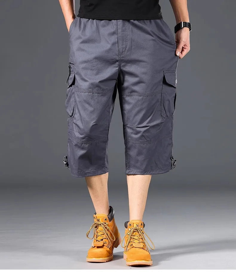 Summer Men's Cargo Shorts Loose Casual Below Knee Pants Elastic Waist Plus Size Outdoor Jogging Tactical Capri Pants