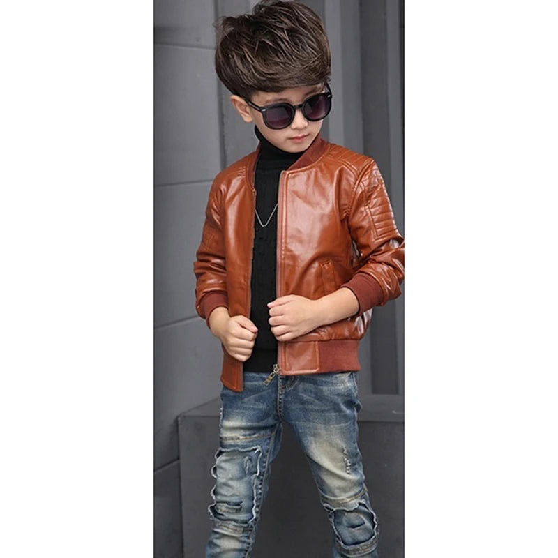 Boys Coats Autumn Winter Fashion Korean Children's Plus Velvet Warming Cotton PU Leather Jacket For 3-8Y Kids Jacket Outerwear