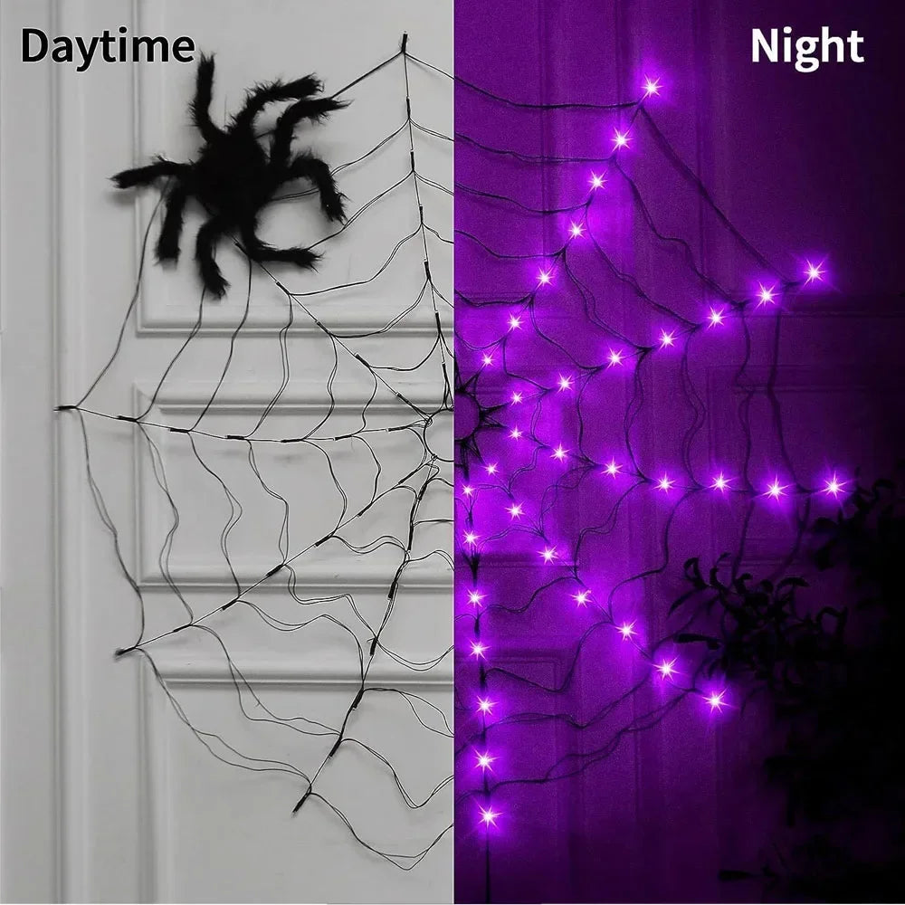 Halloween Decor 70LED 1.2m Spider Web Lights Waterproof Spider Net Lights Halloween Purple String Light Outdoor Home Party Decor