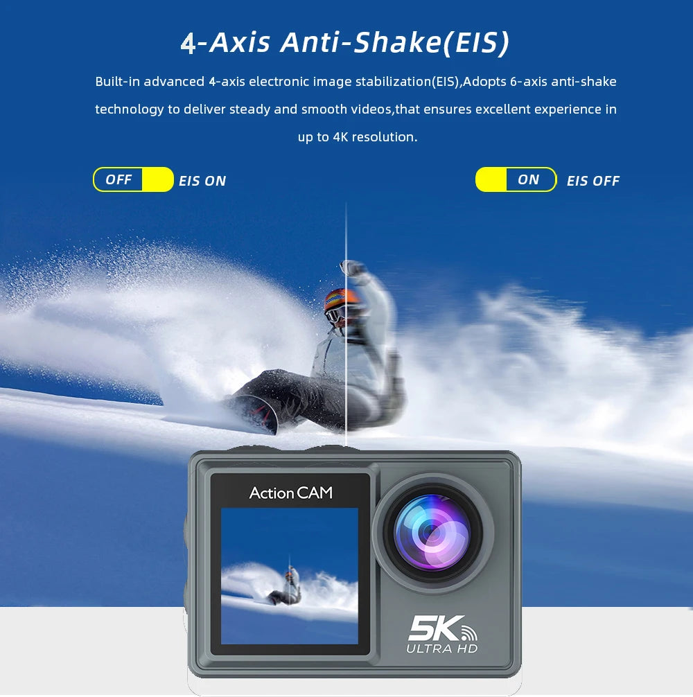 5K 4K60FPS Action Camera Dual IPS Touch LCD DVR EIS 170° 30M Waterproof 5X Zoom Sport Camera With Wireless Mic & Remote Control