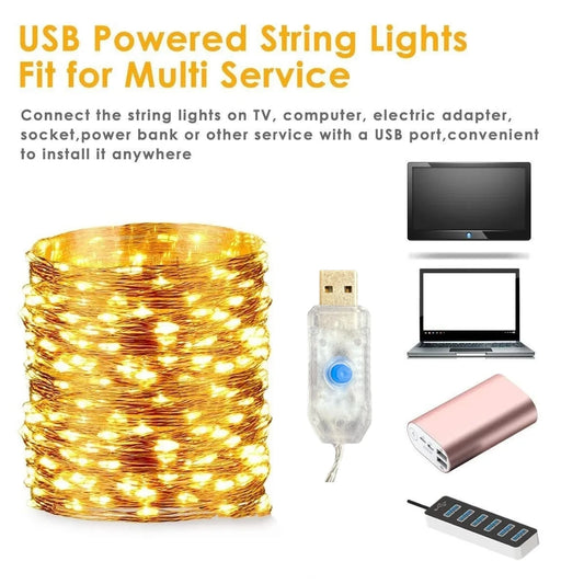 سلسلة أضواء LED USB بطول 5 متر/10 متر/20 متر/30 متر، 8 أوضاع للتحكم عن بعد، مصابيح خرافية لحفلات الزفاف وأعياد الميلاد وديكورات رأس السنة