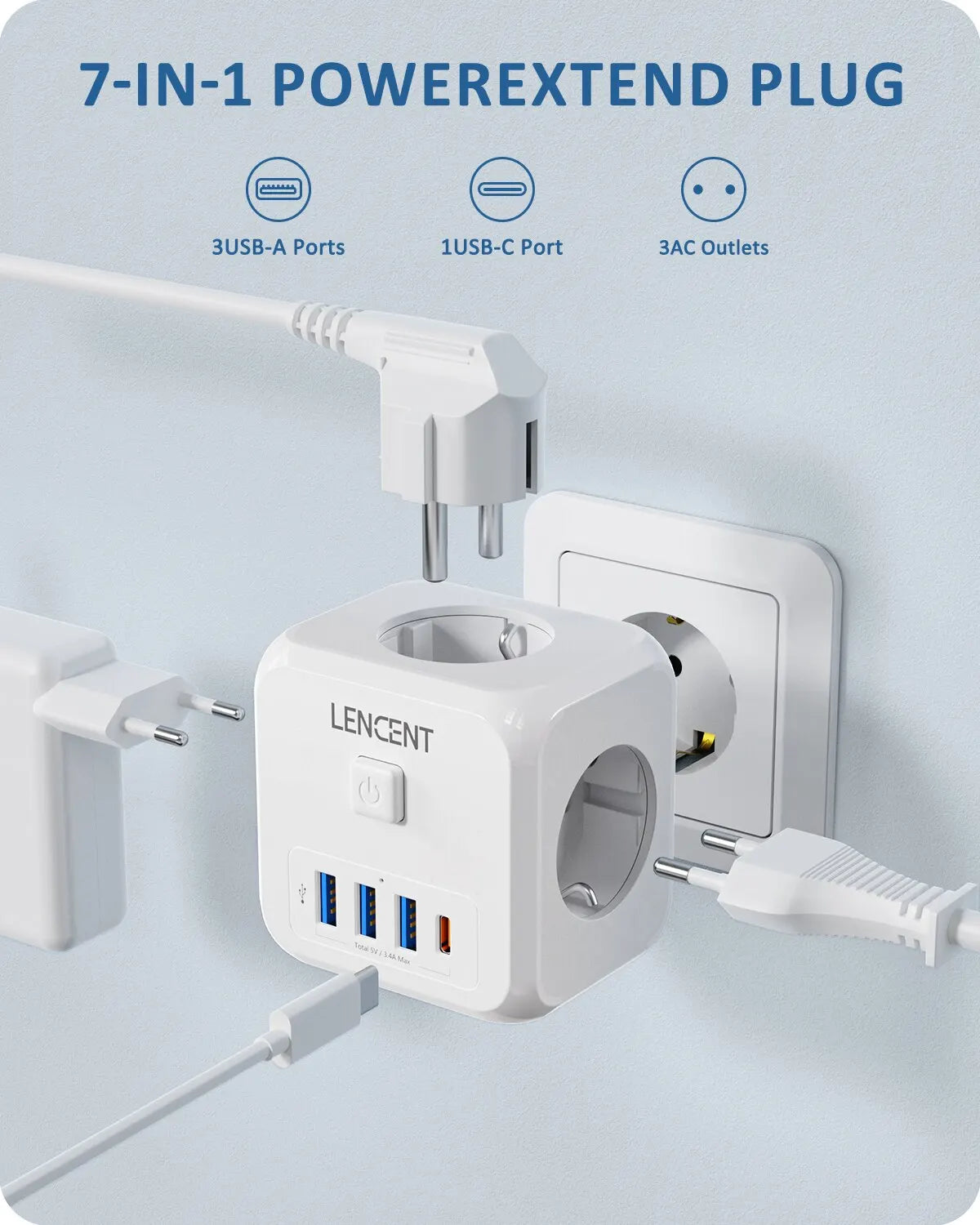 LENCENT Wall Socket Extender with 3 AC Outlets 3 USB Ports And1 Type C 7-in-1 EU Plug Charger On/Off Switch for Home