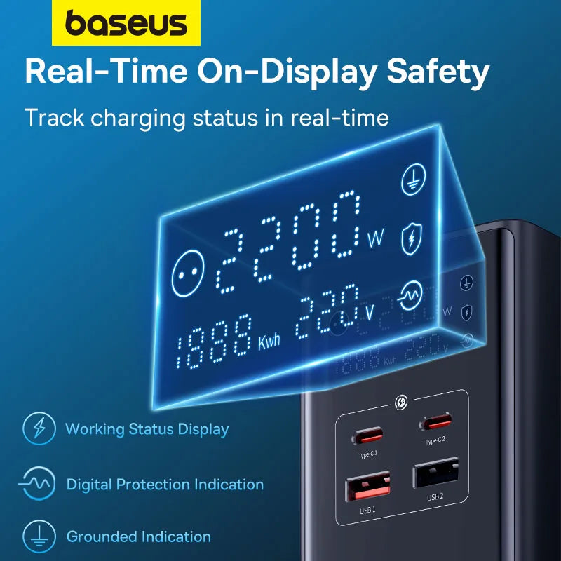 Baseus 35W Fast Charger Digital Power Strip 7-in-1 Charging Station 4000W Rated Power Digital Display For iPhone 15 14 Pro Max