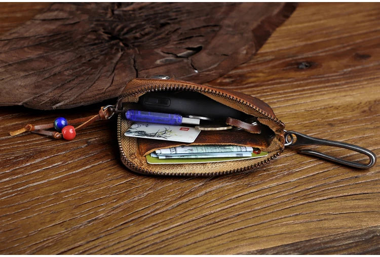 Vintage Cow Leather Coin Purse for Men Handmade Genuine Leather Change Pouch Key Holder Card Slot Storage Bag with Zipper