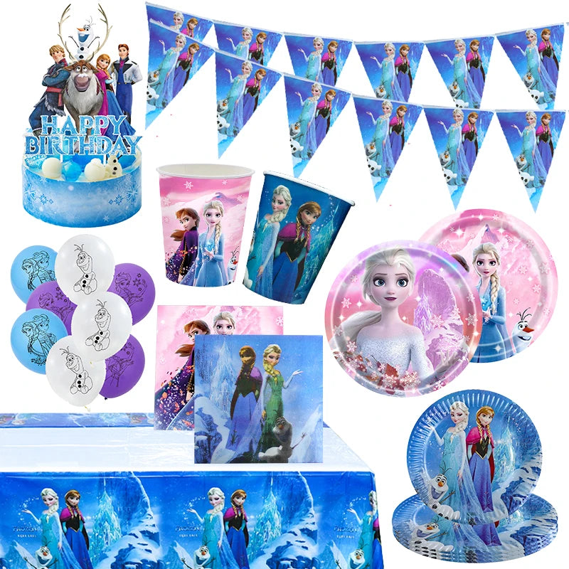 Elsa Frozen Birthday Decoration Frozen Theme Child Party Decor Supplies Tableware Set Plates Cup Tablecloth Background Candy Bag