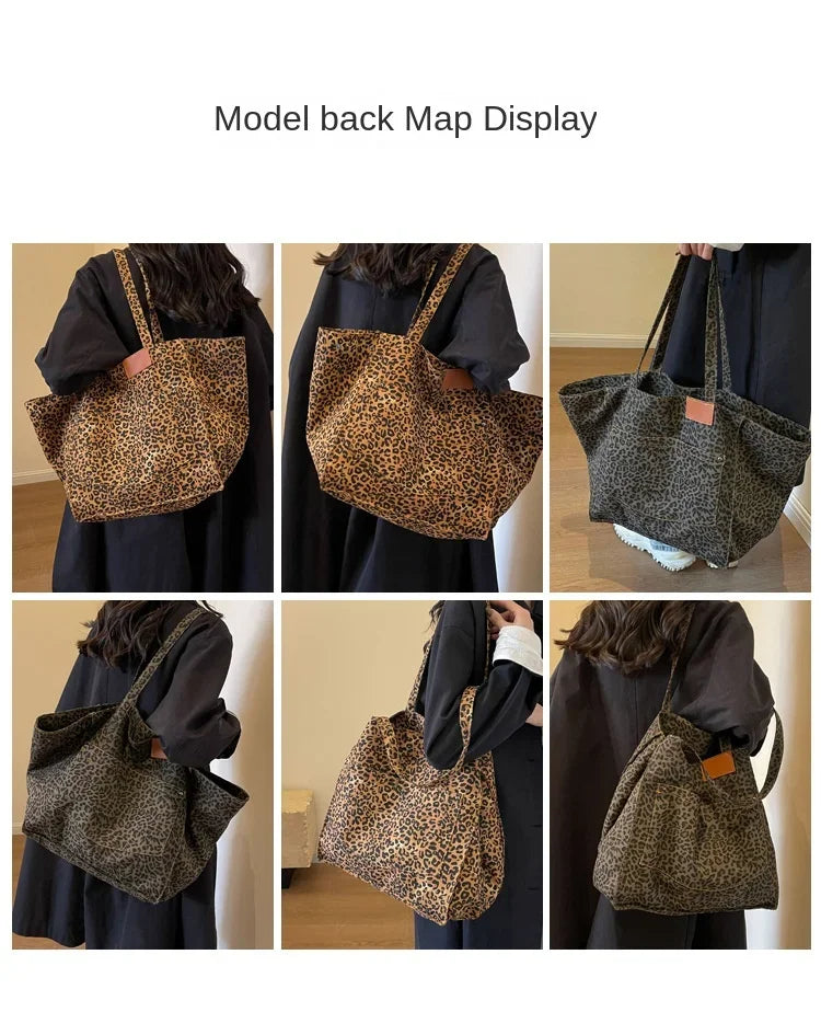 Oversized Leopard Prints Shoulder Bags for Women Deformable Canvas Large Capacity Shopping Totes 2024 Winter New Luxury Handbags