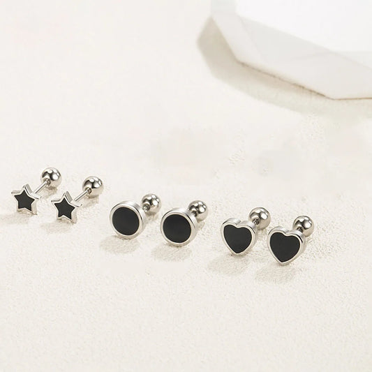 925 Sterling Silver Black heart Star Round Small Stud Earrings for Women Luxury Jewelry Accessories 2024 Trend Free Delivery