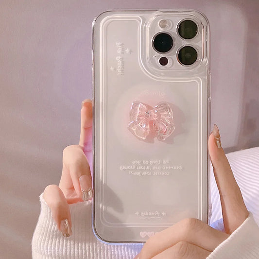 Clear Case with Pink Bow for iPhone 15 14 13 12 11 Pro Max Plus 7 8 SE XS, Cute Transparent Stylish Shockproof Protective Cover