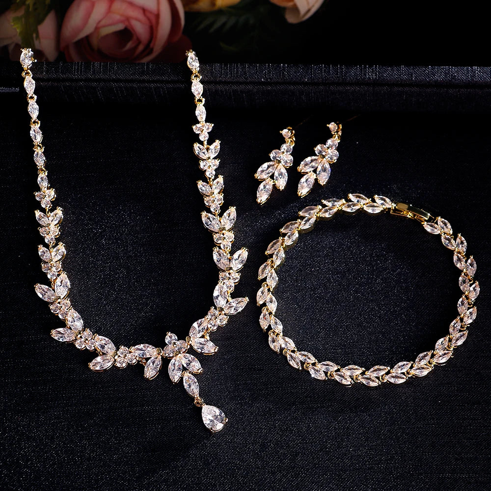 ZAKOL Luxury Brilliant Zirconia Leaf Necklace Earrings Rings Bracelets Set for Women CZ Drop Bridal Wedding Jewelry Sets