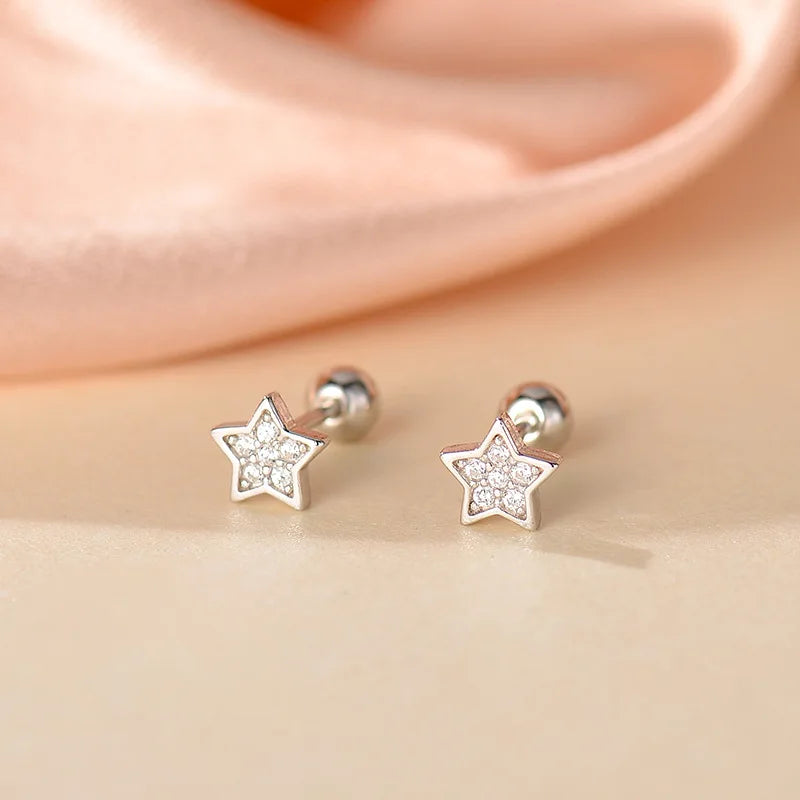 Trendy Silver Screw Back Helix Stud Earrings with Sparkling Cubic Zirconia by Bulbusbow