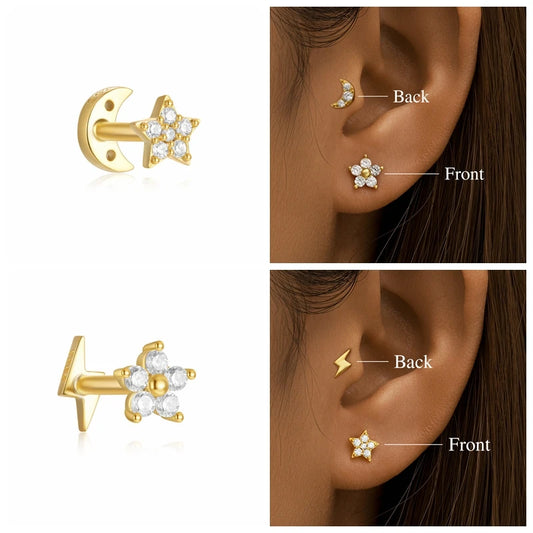 CANNER S925 Sterling Silver Double-sided Wear Star Moon CZ Cartilage Piercing Stud Earring for Women Tragus Helix Jewelry Gifts