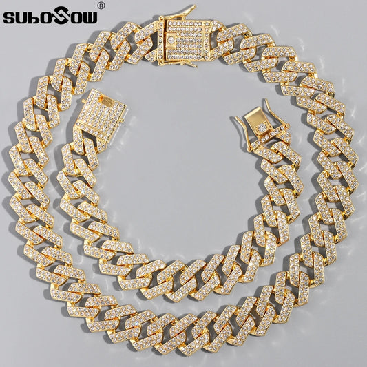 20MM Men Hip Hop Prong Cuban Link Chain Necklace Bling Iced Out 2 Row Rhinestone Paved Miami Rhombus Cuban Necklaces Jewelry