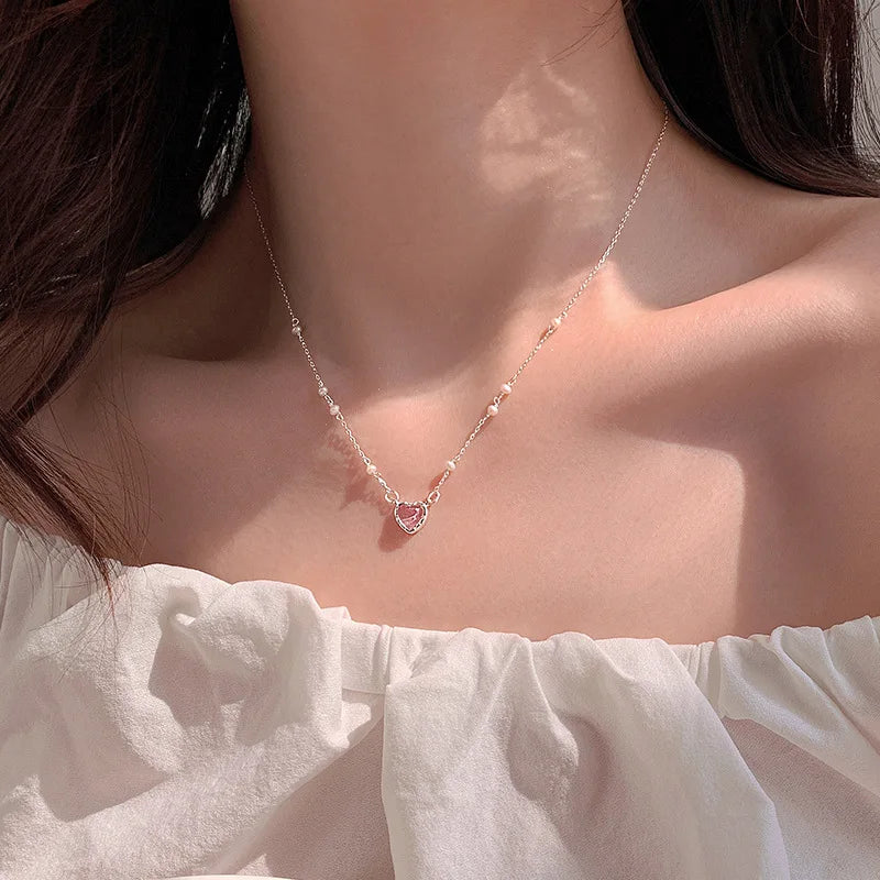 925 Sterling Silver Pink Love Pearl Necklace New Style Temperament Clavicle Chain Women's Sweet Neckchain Jewelry Wholesale