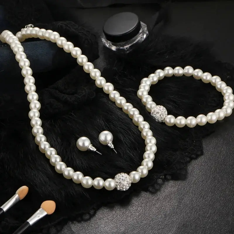 Bulbusbow 3 PCS Imitation Pearl Jewelry Set including necklace, bracelet, and earring studs