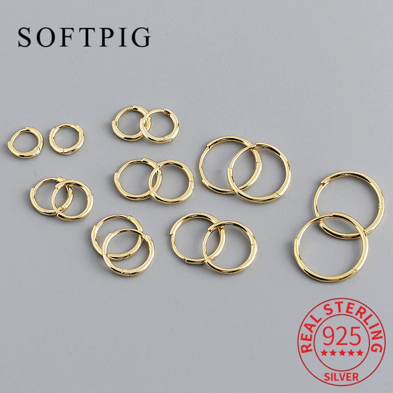 SOFTPIG Real 925 Sterling Silver 18K Gold Round Huggies Hoop Earrings for Women Trendy Fine Jewelry Minimalist Accessories