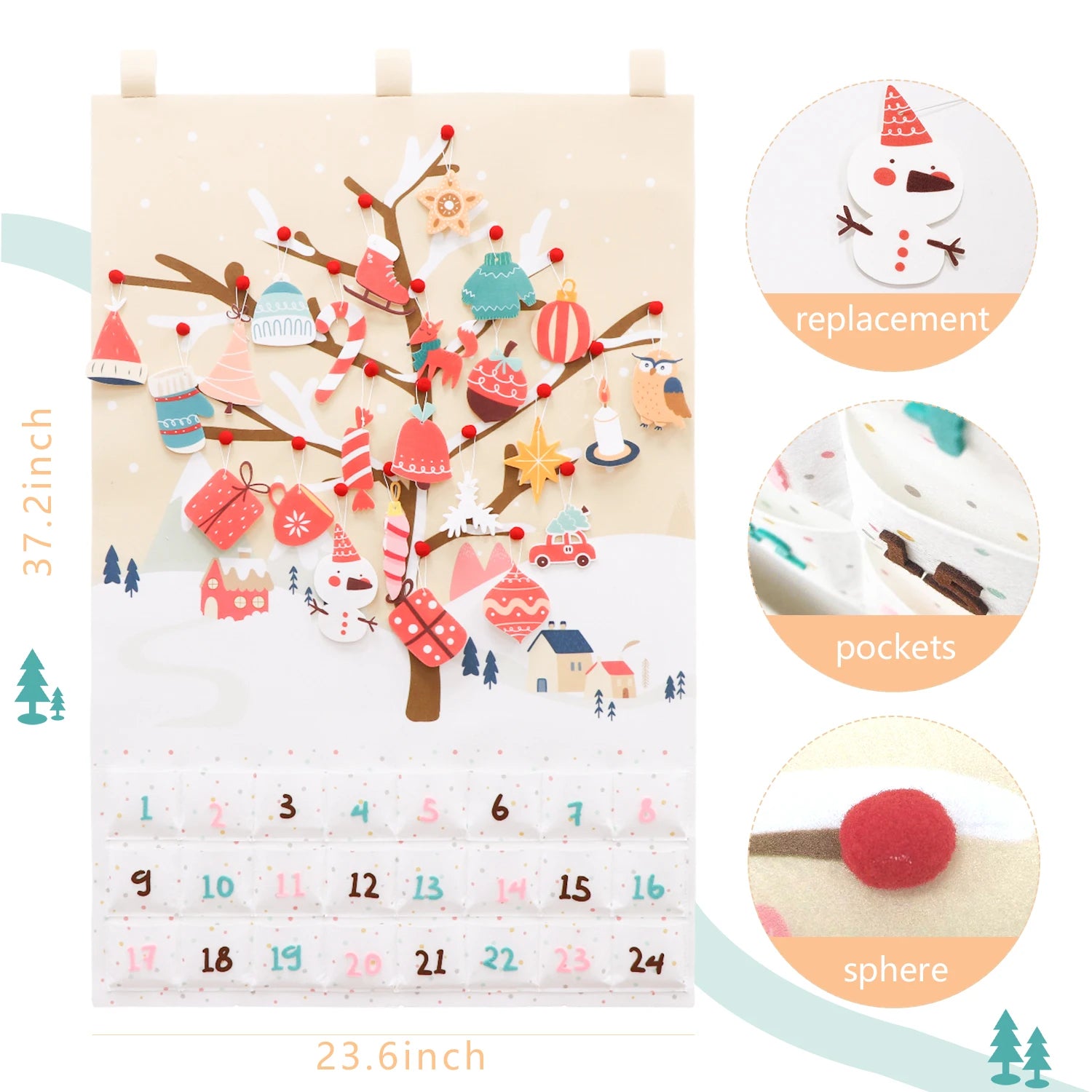 Felt Christmas Advent Calendar 24 Days Christmas Countdown Calendar with 35pcs Ornaments Reusable Wall Hanging Countdown