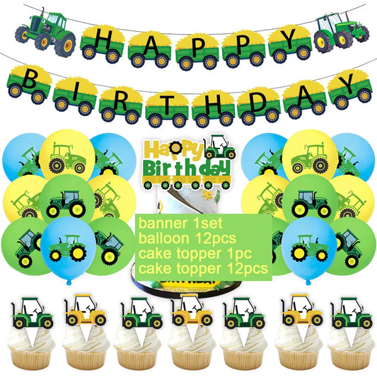 Green Farm Tractor Theme Excavator Vehicle Birthday Party Decoration Disposable Plate Banner Balloons Baby Shower Kids Supplies