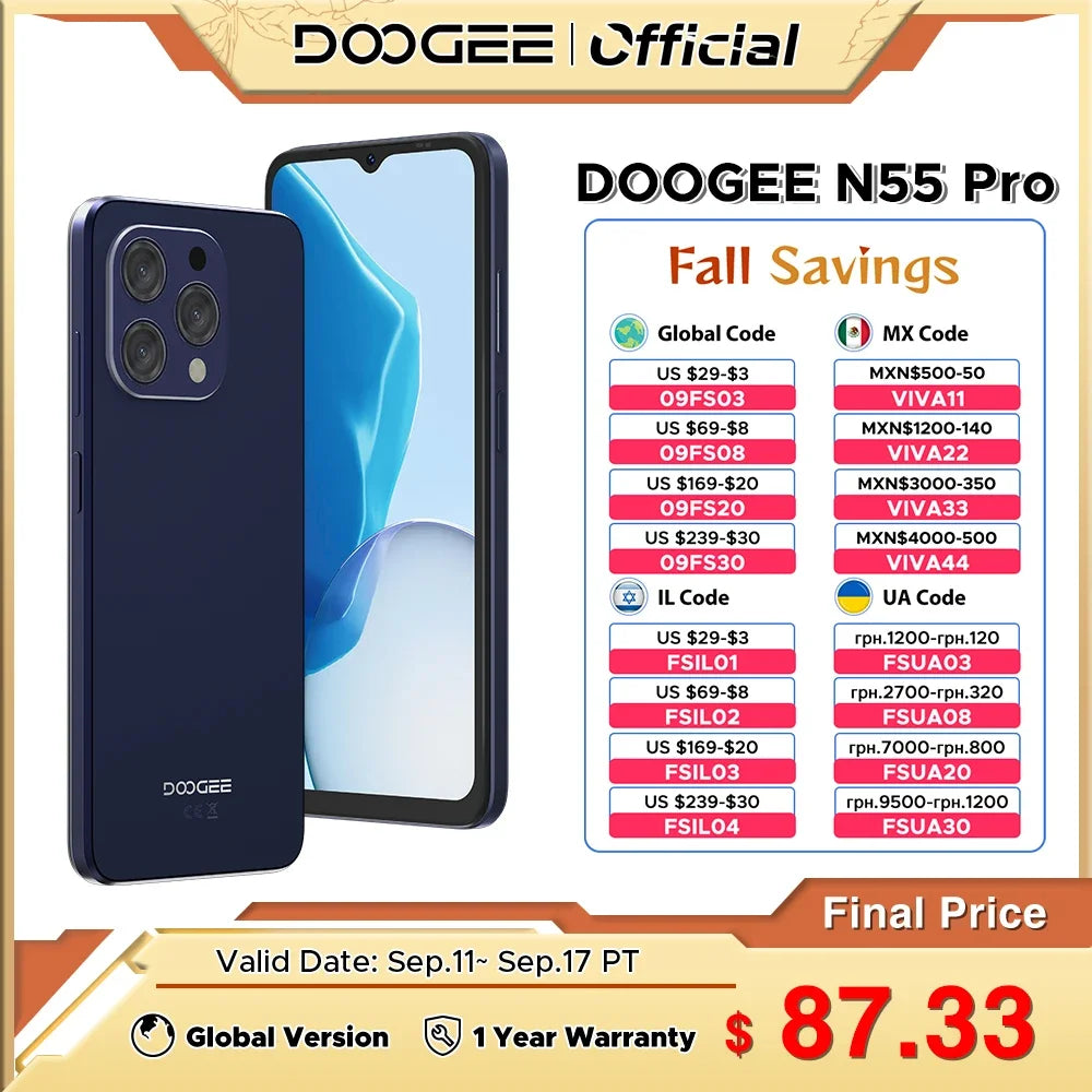 World Premiere DOOGEE N55 Pro Smartphone 6.56" 90Hz IPS 6GB RAM + 256GB ROM 5150mAh Battery Android 14 Face Unlock Widevine L1