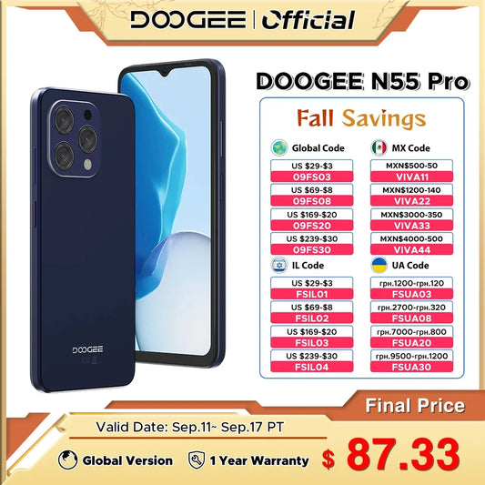 全球首发 DOOGEE N55 Pro 智能手机 6.56 英寸 90Hz IPS 6GB RAM + 256GB ROM 5150mAh 电池 Android 14 面部解锁 Widevine L1