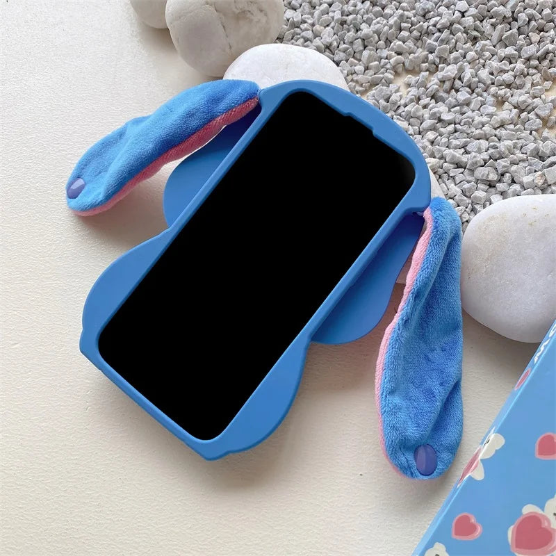 Bandai 3D Silicone Cartoon Phone Case Stitch For iPhone 14 13 12 11 15 Pro Max Fluffy Fur Plush Ear Stitch Cover Men Kids Gift