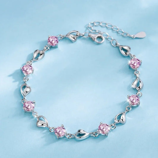 925 Sterling Silver Heart Shaped Bracelet For Women Retro Korean Versatile Pink Crystal Charm Bracelets Original Party Jewelry