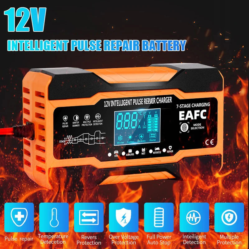 12V 24V 12A 10A Battery Charger Smart Fast Charging for Car Batteries 7-Stage Charge Pulse Repair for AGM GEL WET Lead Acid