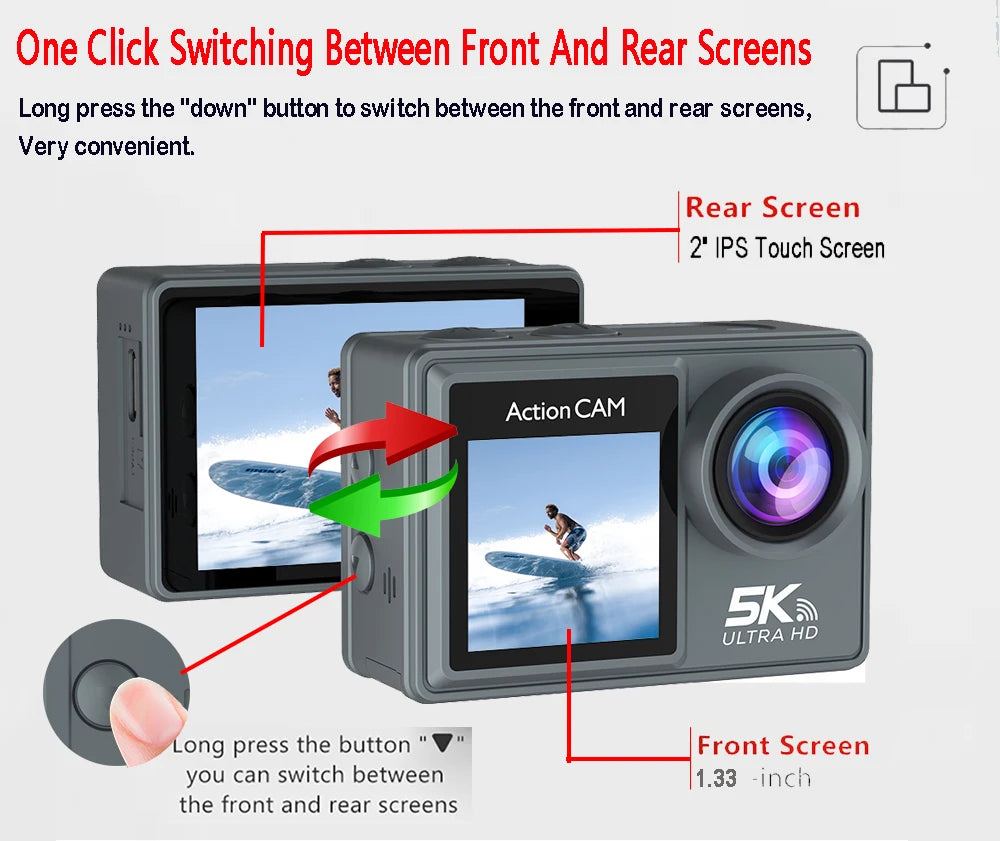 كاميرا أكشن 5K 4K60FPS مزدوجة IPS تعمل باللمس LCD DVR EIS 170° 30M مقاومة للماء مع تقريب 5X وكاميرا رياضية مع ميكروفون لاسلكي وجهاز تحكم عن بعد
