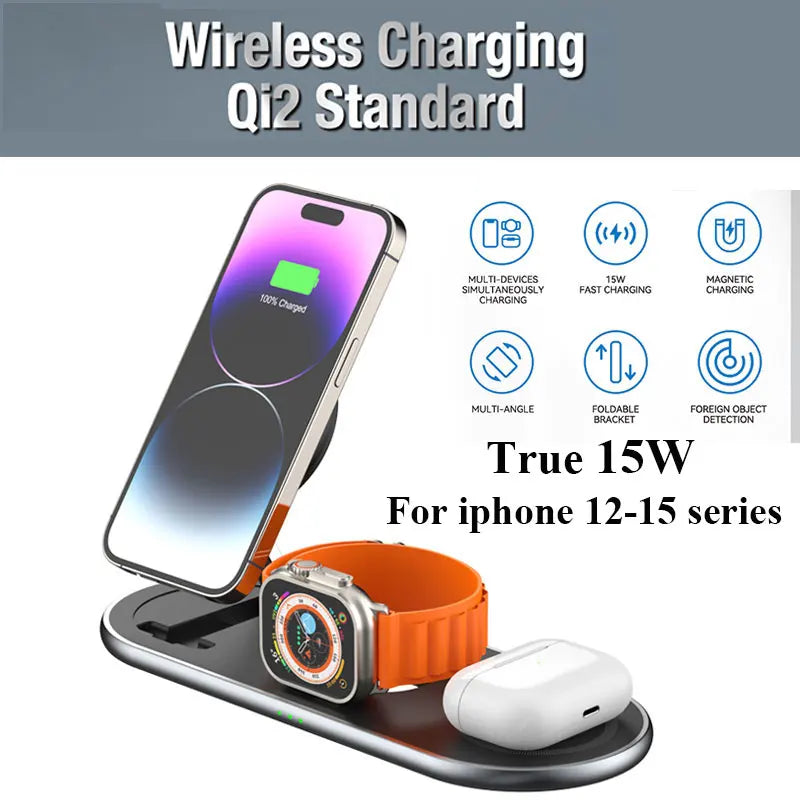 Qi2 3 In 1 Magnetic Wireless Charger Stand Pad For iPhone 15  iWatch 9  AirPods 2 3 Pro Fast Charging Station Phone Holder