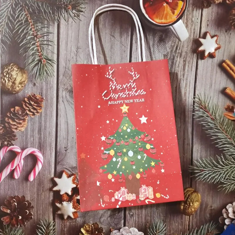 Bulbusbow Christmas Kraft Paper Bags 2024 New Year Cute Santa Claus Gift Box Holiday Party Children Candy Cookie Packaging Bag with Handle