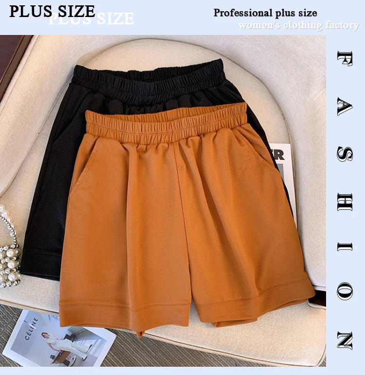 Plus-size women's summer casual commuting loose comfortable shorts Black khaki elastic waist with pockets minimalist style pants