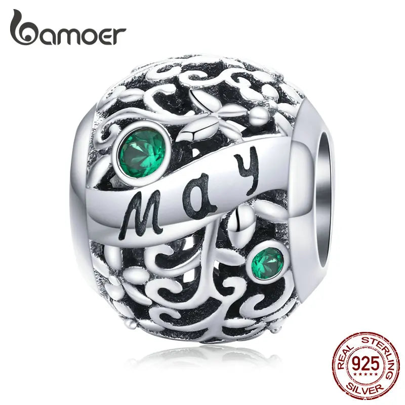 bamoer 925 Sterling Silver Month Birthday Stone Round Beads fit Women Charm Bracelet Bangle DIY Jewlry Making SCC1385