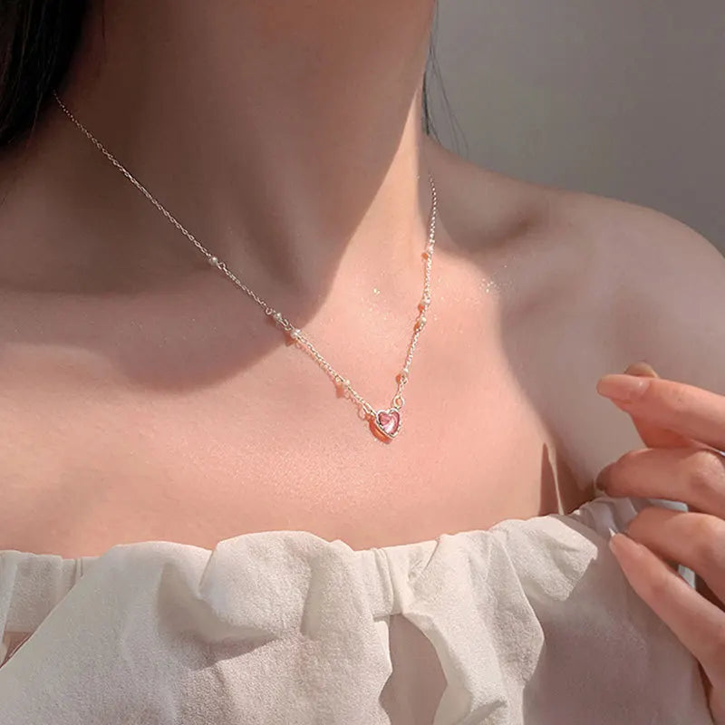 925 Sterling Silver Pink Love Pearl Necklace New Style Temperament Clavicle Chain Women's Sweet Neckchain Jewelry Wholesale