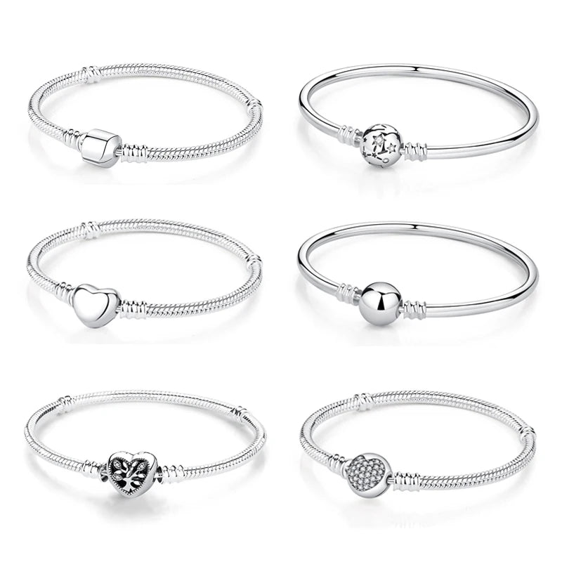 Silver Color  Charm Bead Bracelet For Women Original Charms Heart Family Ball Star Bracelets Bangles Snake Chain Diy Jewelry