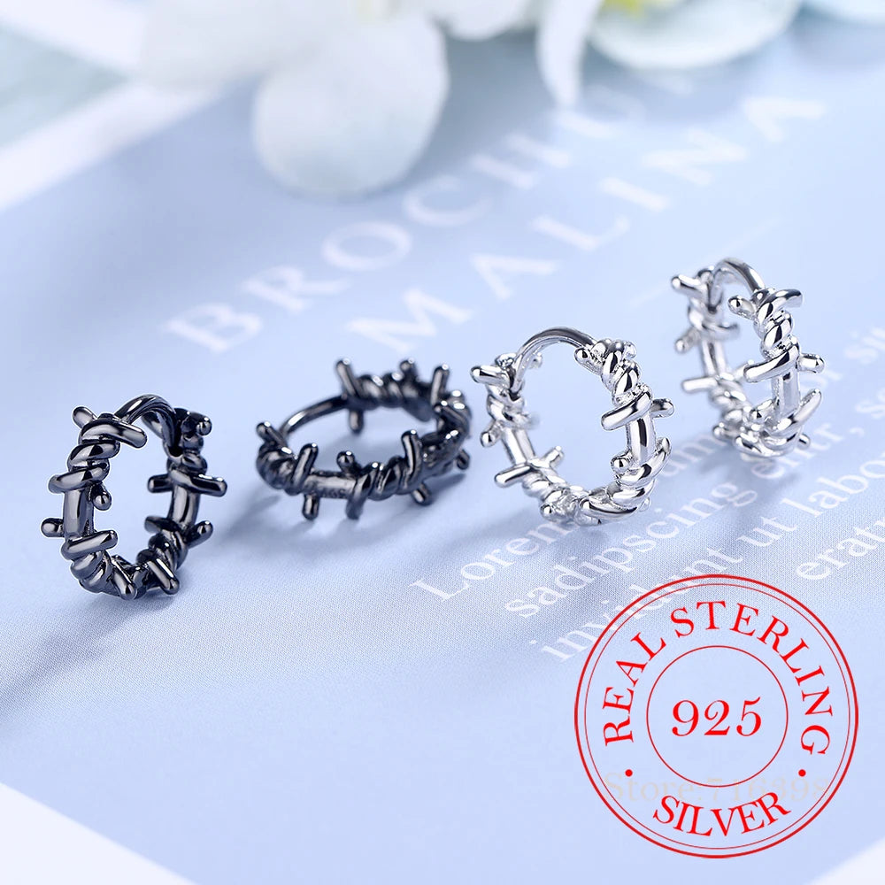 Real 925 Sterling Silver Hoop Earring Barbed Wire Ear Cuff Clip On S925 Earrings Wedding Party Gift For Women Girl Teen Jewelry