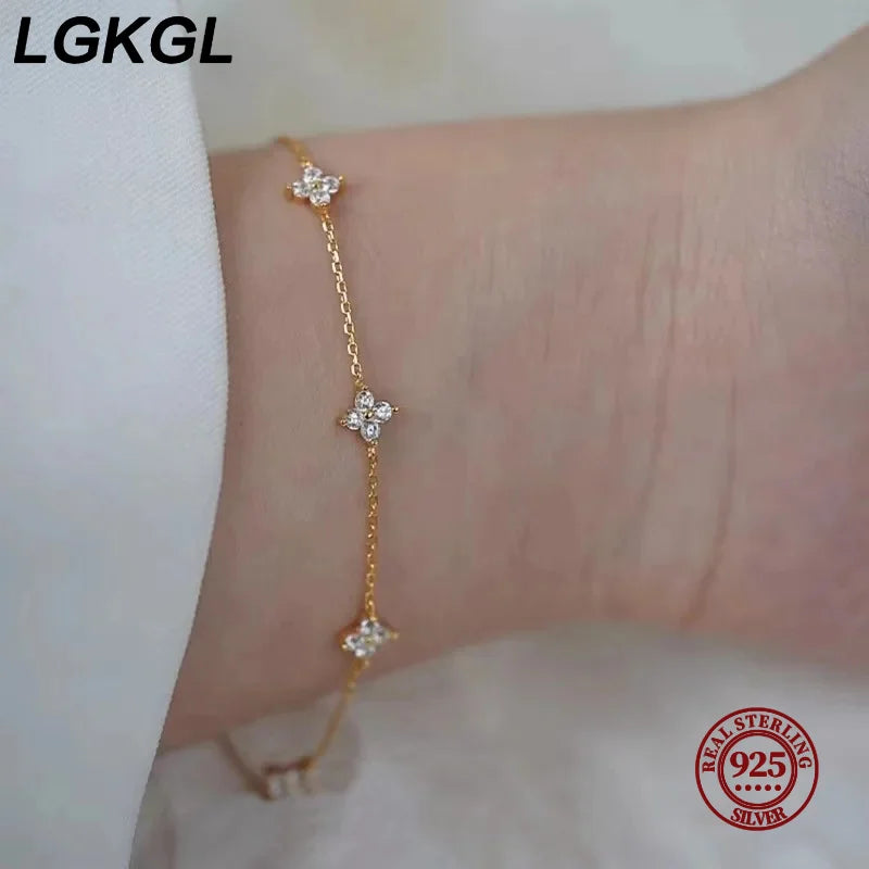 LGKGL 925纯银四叶草锆石星空18K金手链女通勤可调节链条手链首饰