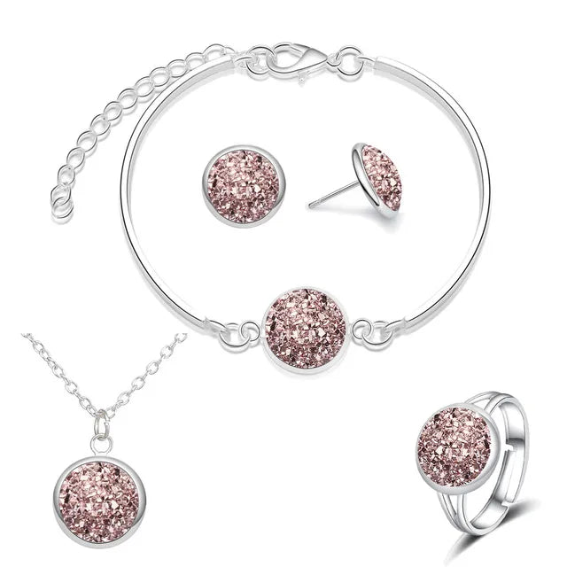 Luxury Quality Quartz Rhinestone Jewelry Sets for Women | Bulbusbow | Simple Round Earrings and Necklace Set | Bridal 4 Piece Silver Plated Jewelry