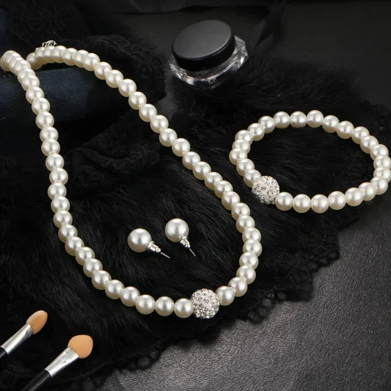 3 PCS Set Imitation Pearl Necklace Bracelet Earring Stud Set Fireball Pearl Beaded Women Luxury Bridal Party Jewelry Set