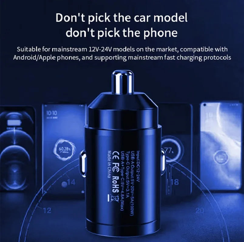 100W Mini Car Charger Lighter Fast Charging for iPhone QC3.0 Mini PD USB Type C Car Phone Charger for Xiaomi Samsung Huawei