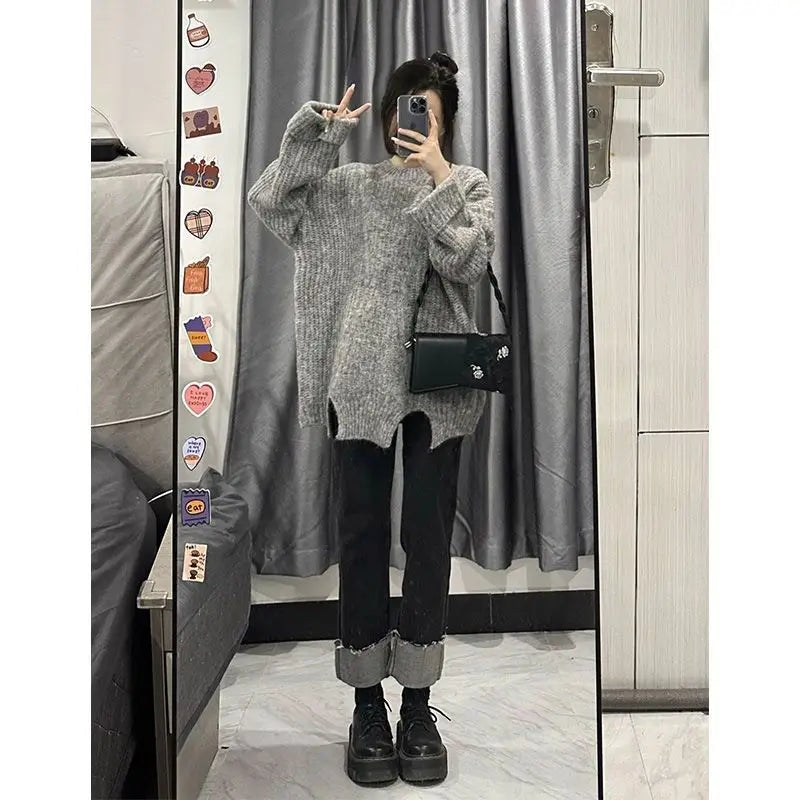 Women 2023 Autumn Winter New Suits O-neck Sweater Knit Pullover Tops Female Straight Denim Pants Ladies Two Piece Sets R603