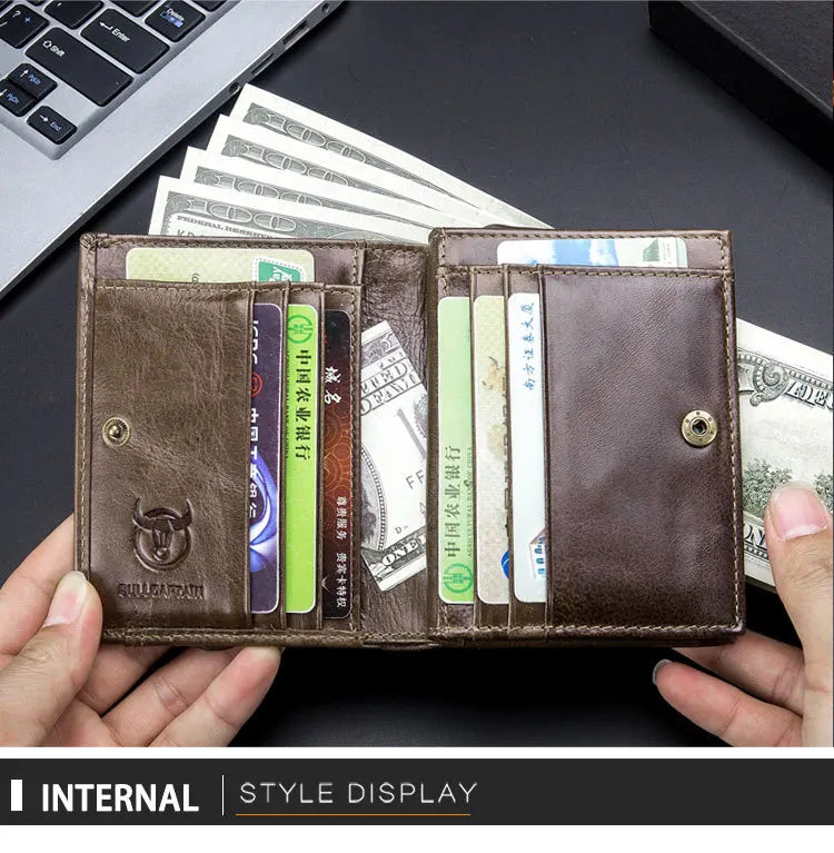 Vintage RFID Men's Wallet Cowskin Genuine Leather Short Wallets Male Cowhide Zipper Coin Pocket Man Purse with Card Holder