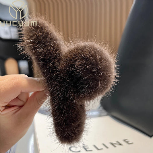 Real Mink Fur Barrettes Winter Fluffy Hair Claw Elegant Acrylic Hairpins Clip Crab Headwear for Women Girls Hair Accessories