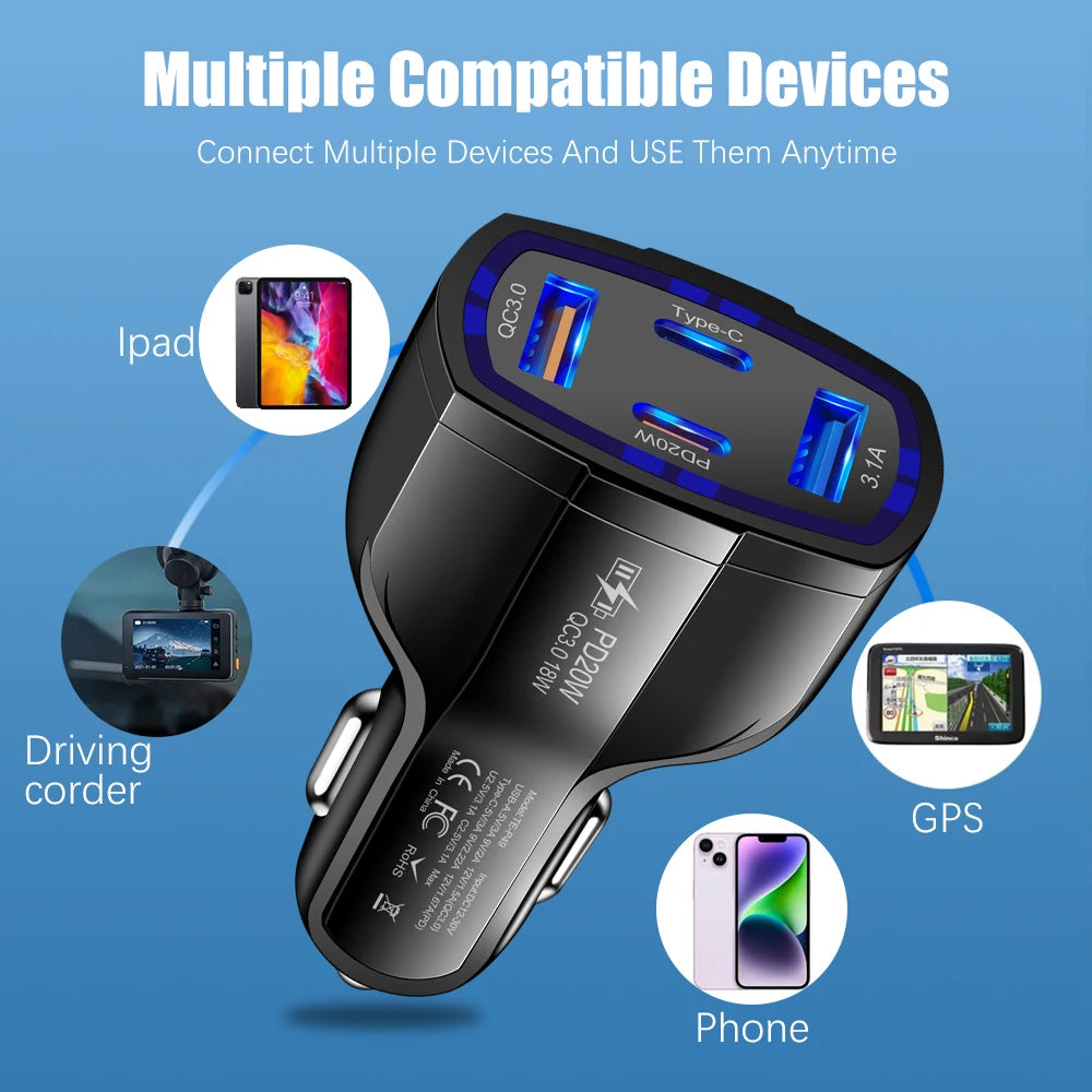 38W Mini Car Charger 4in1 Cell Phone Charger 2USB+2PD Fast Charging Cars Cigarette Lighter for IPhone Samsung Auto Fast Charging