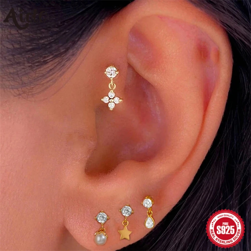 Aide 925 Sterling Silver 1pc Flower Shaped Inlaid Zircon Piercing Drop Earrings For Women 18K Gold Jewelry High Quality Gift