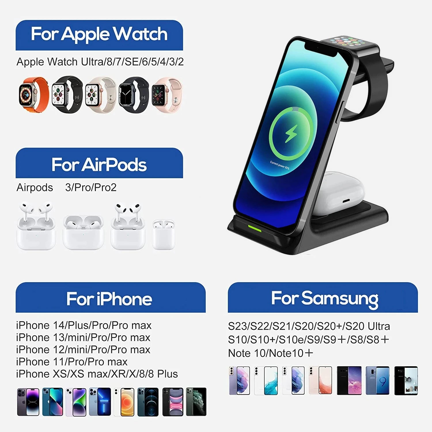 حامل شاحن لاسلكي 3 في 1 بقوة 30 وات لهاتف iPhone 15 14 13 12 Pro max Watch Samsung S24 S23 22 21 Ultra Earbuds محطة شحن سريعة