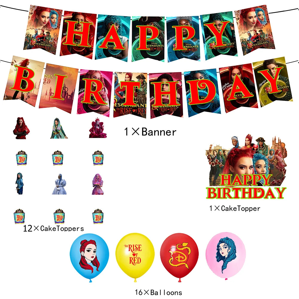 Disney Descendants The Rise of Red Birthday Party Decoration Balloon Banner Backdrop Cake Topper Descendants Birthday Supplies