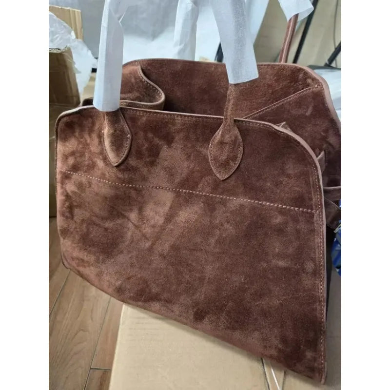 LUXURY Margaux Handbag Cowhide Large Capacity Women's High Range Suede Tote Bag Minimalist Style Margaux