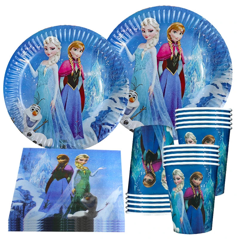 Elsa Frozen Birthday Decoration Frozen Theme Child Party Decor Supplies Tableware Set Plates Cup Tablecloth Background Candy Bag