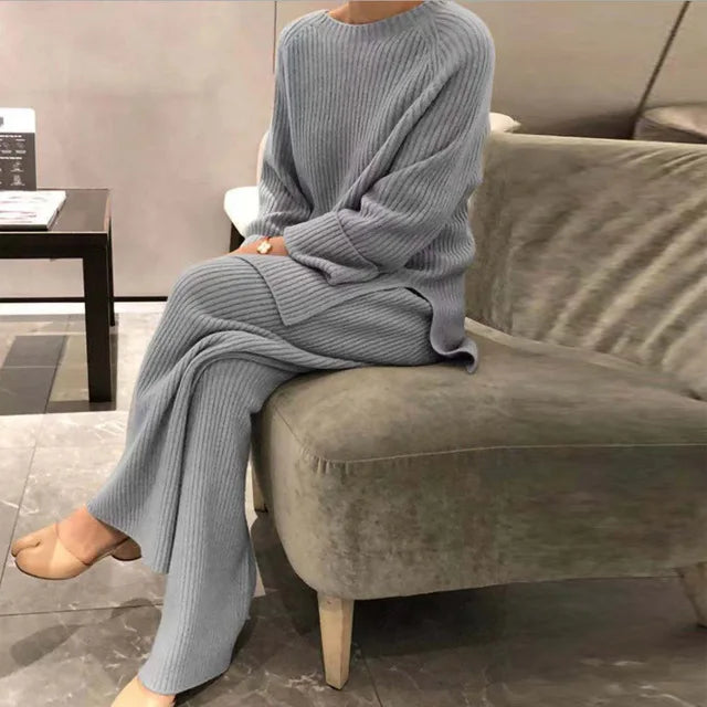 2025 Knitted Sweater Suit for Women | Elegant O-Neck Dress & Wide Leg Pants Set