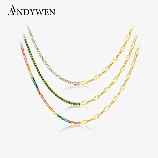 ANDYWEN 925 Sterling Silver Thick Green Rainbow 2mm Tennis Paperclip Chain Choker Necklace Women 2022 Crystal Wedding Gift